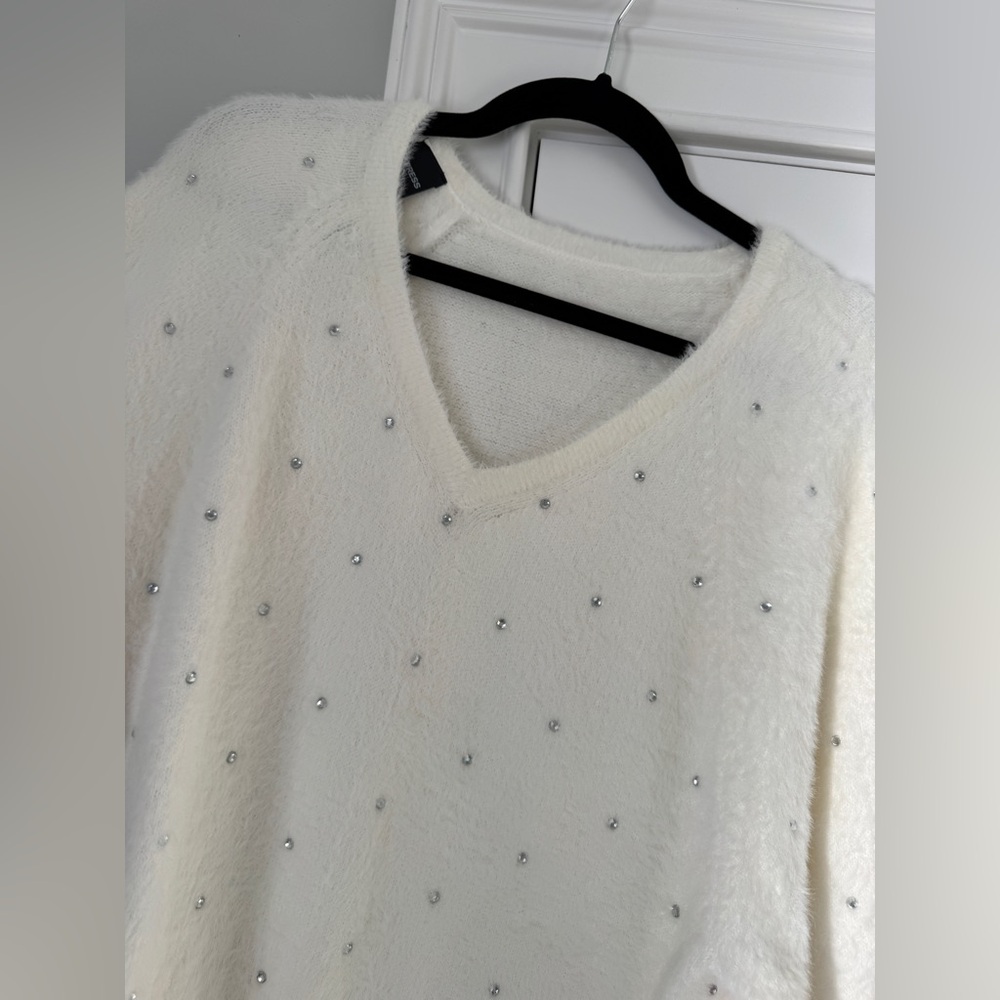 Express White V-Neck Sweater with Embellishments